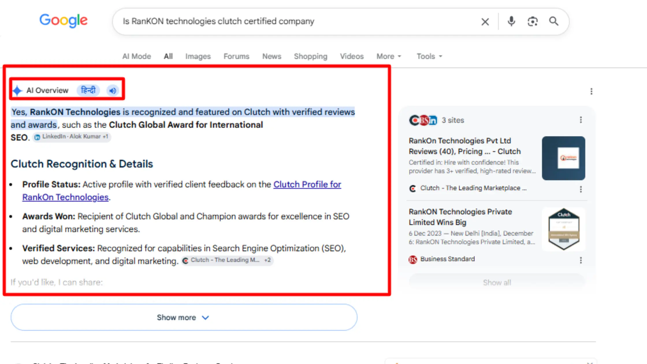 Screenshot of a Google SERP with the Google AI Overview highlighted in red
