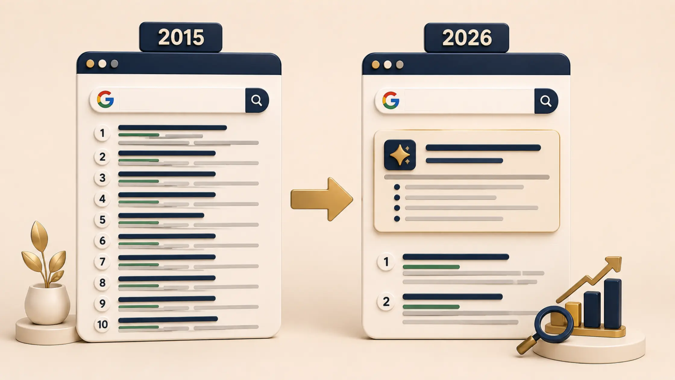 SERP in 2015 showing ten links, versus SERP in 2026 showing an AI Overview box on top with a couple of links