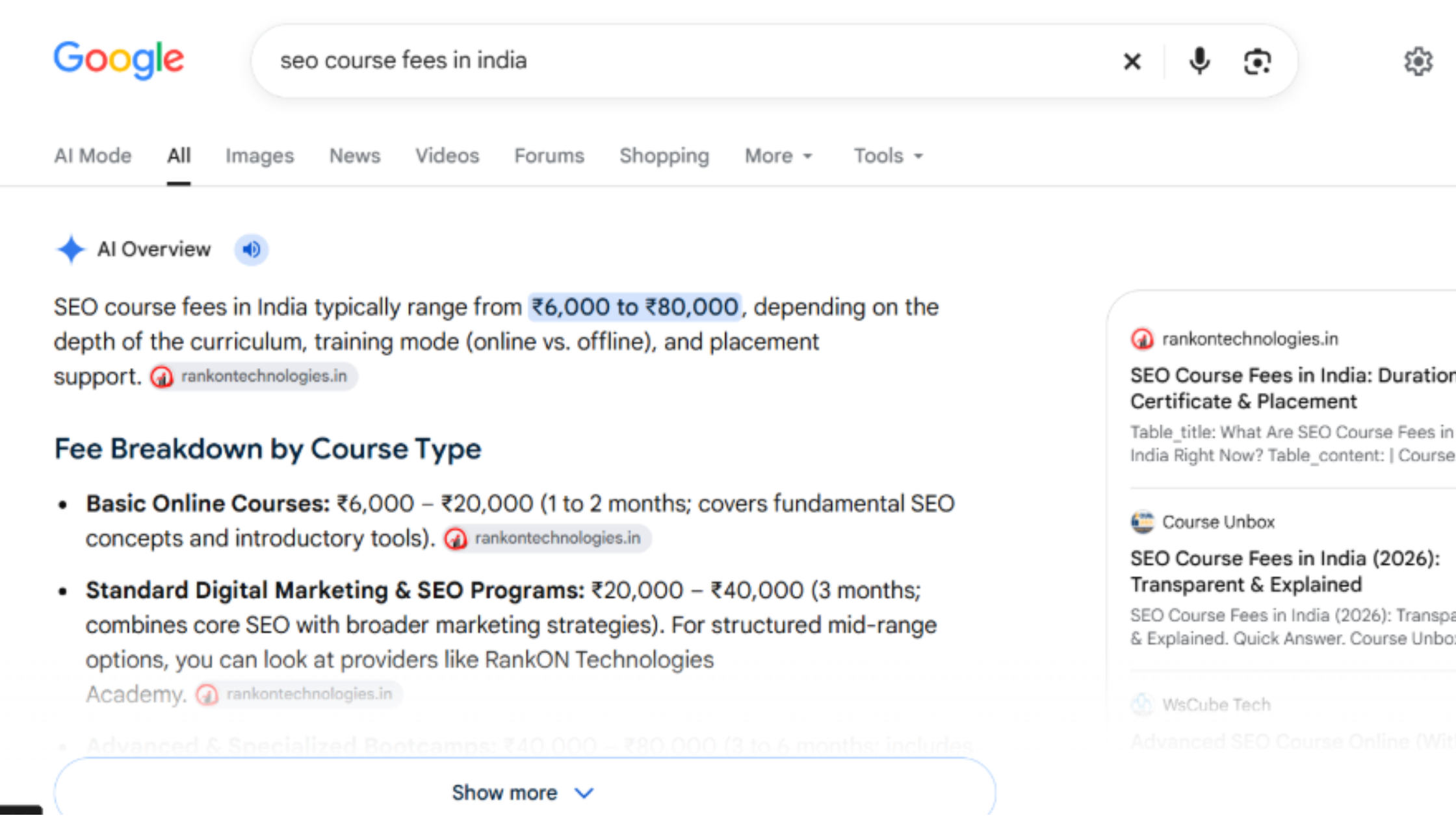 AEO example showing SEO course fees appearing in Google AI Overview
