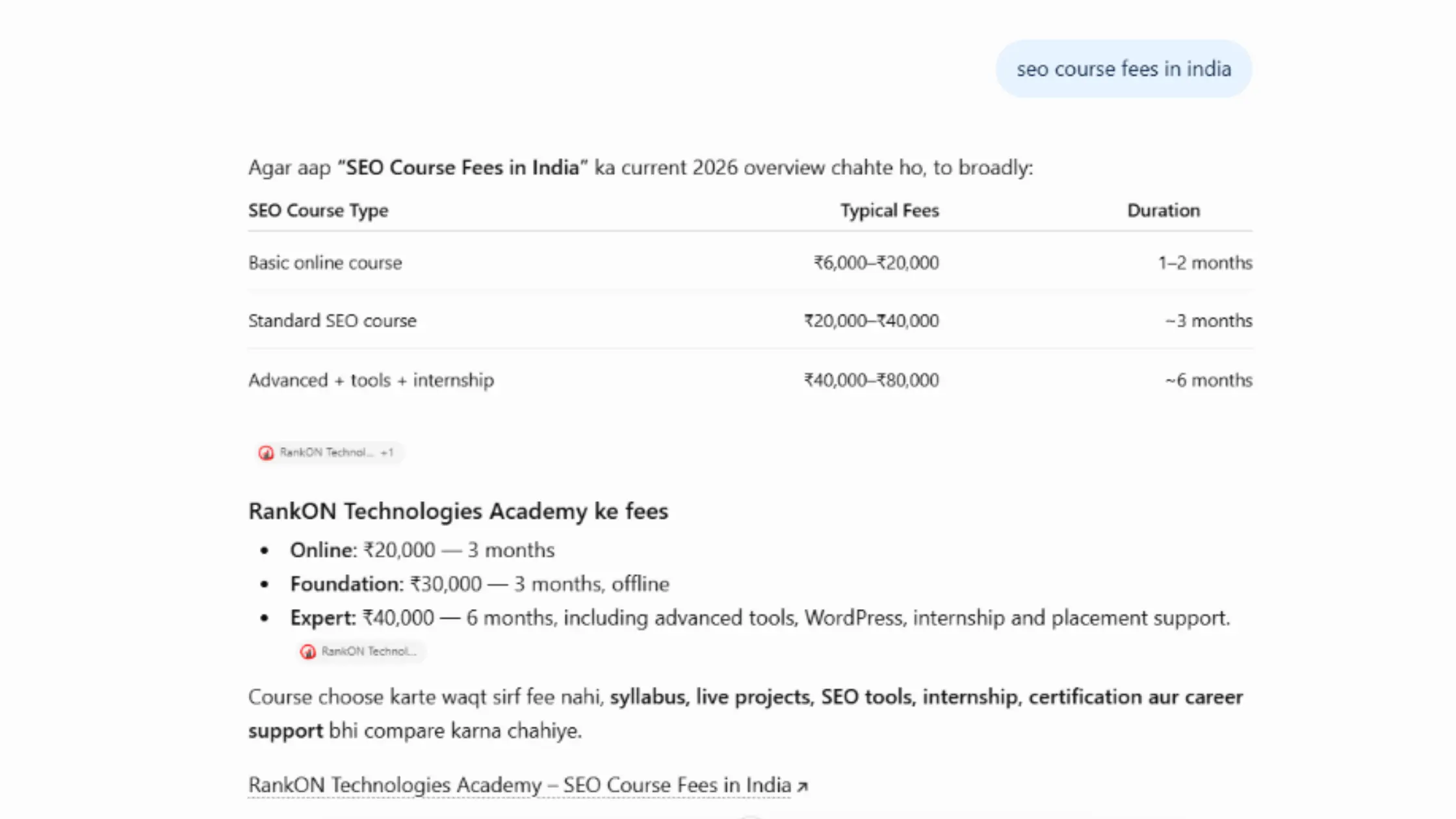 ChatGPT showing RankON Technologies Academy in SEO course fees information