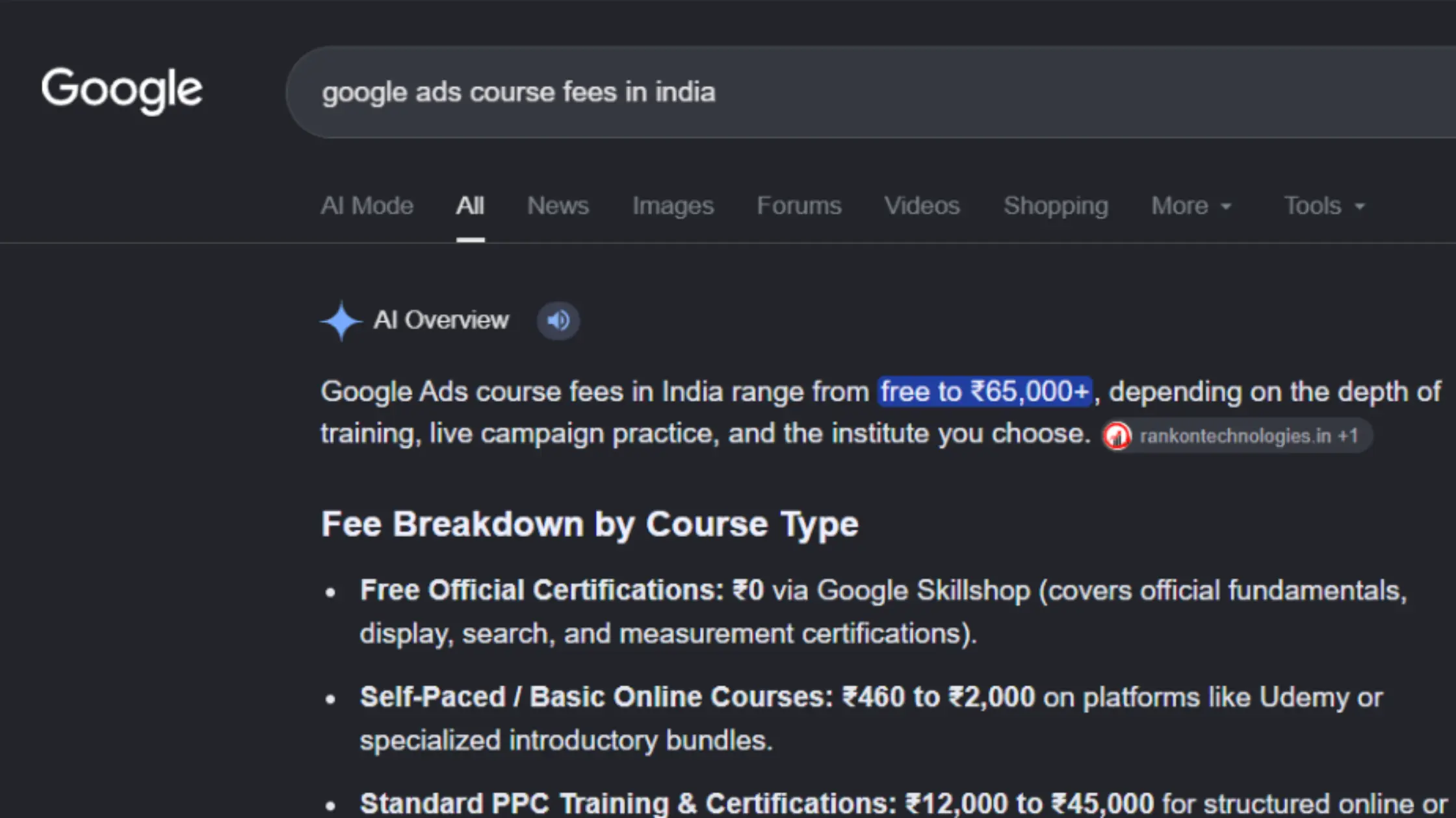 Google AI Overview showing RankON Technologies for Google Ads course fees in India