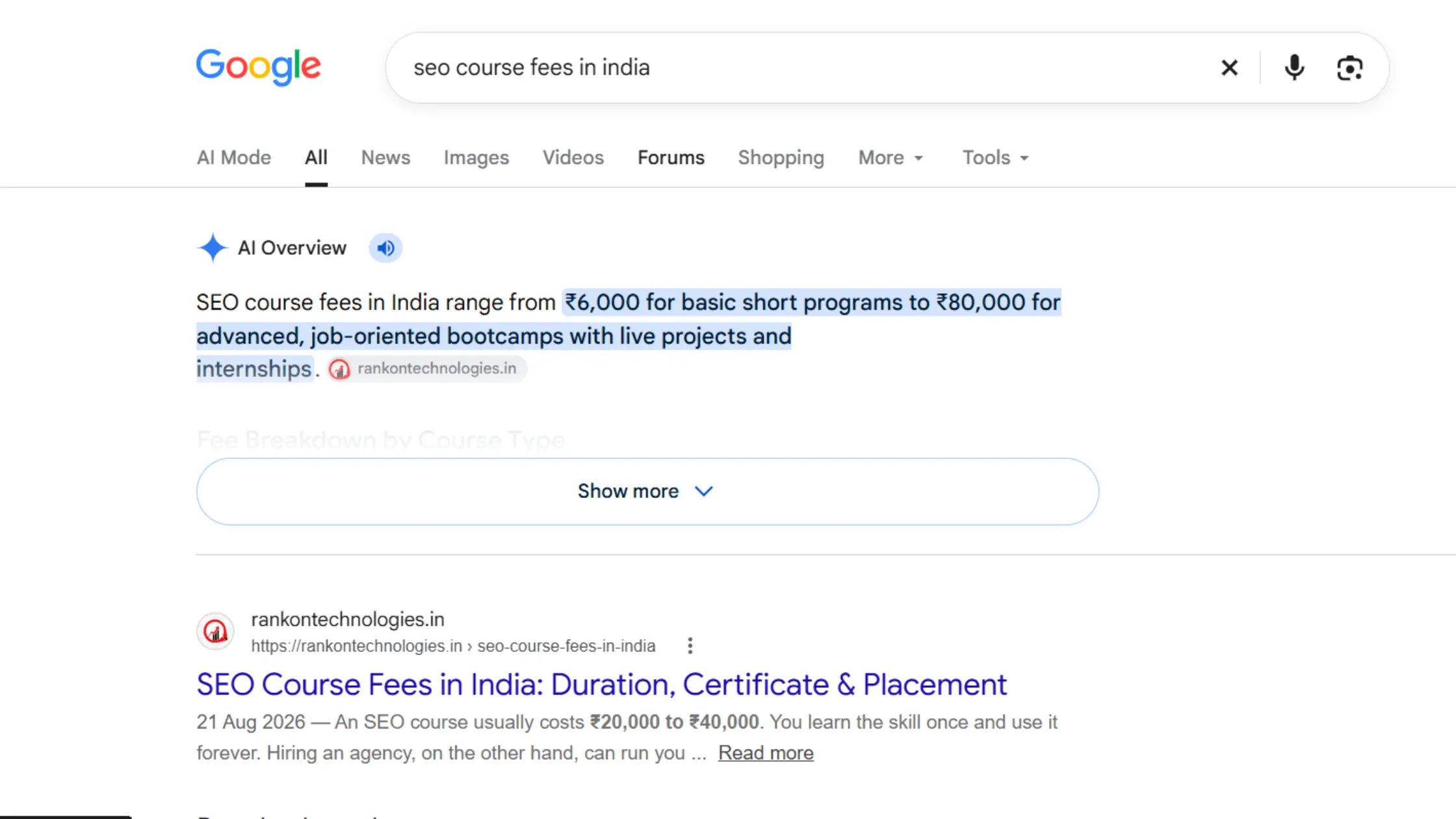 SEO course fees in India search results showing RankON Technologies pricing and course duration